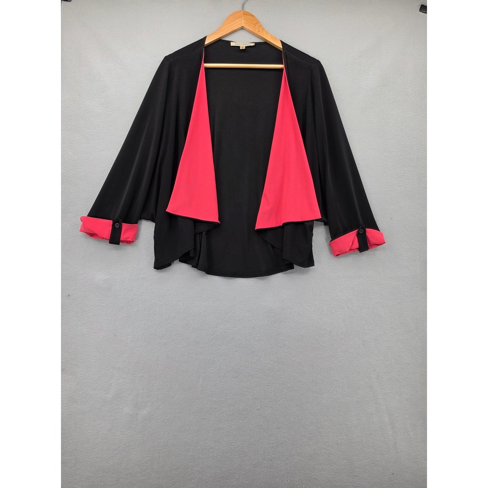 TravelSmith Cardigan Small Black Pink Open Front Wrap Bolero Shrug Made in USA